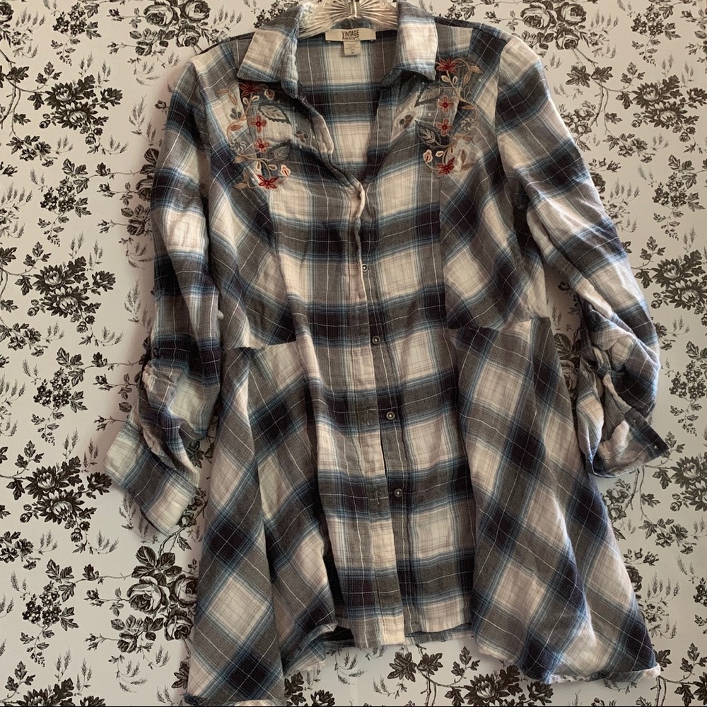 Vintage America Blues Floral Plaid Flannel Blue
